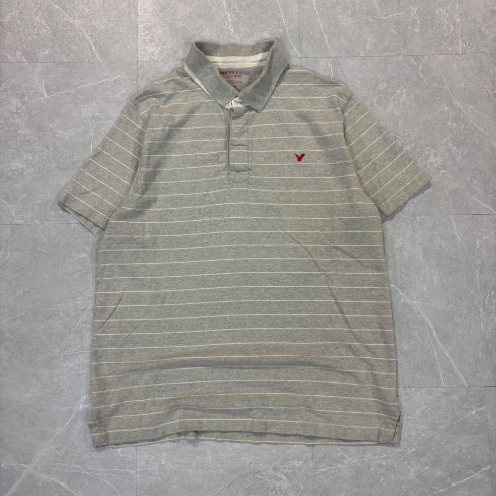 American Eagle Mens Gray White Striped Short Sleeve Polo Shirt Medium M Logo